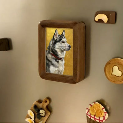 Custom Pet Fridge Magnet – Hand-Painted Mini Portrait in Wooden Frame - Lya's wedding