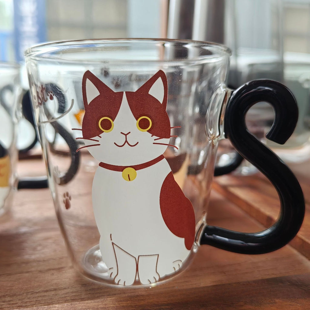 Cat Tail Handle Glass Cup – Cute Cat Illustration Drinking Glass 300ml - Lya's wedding