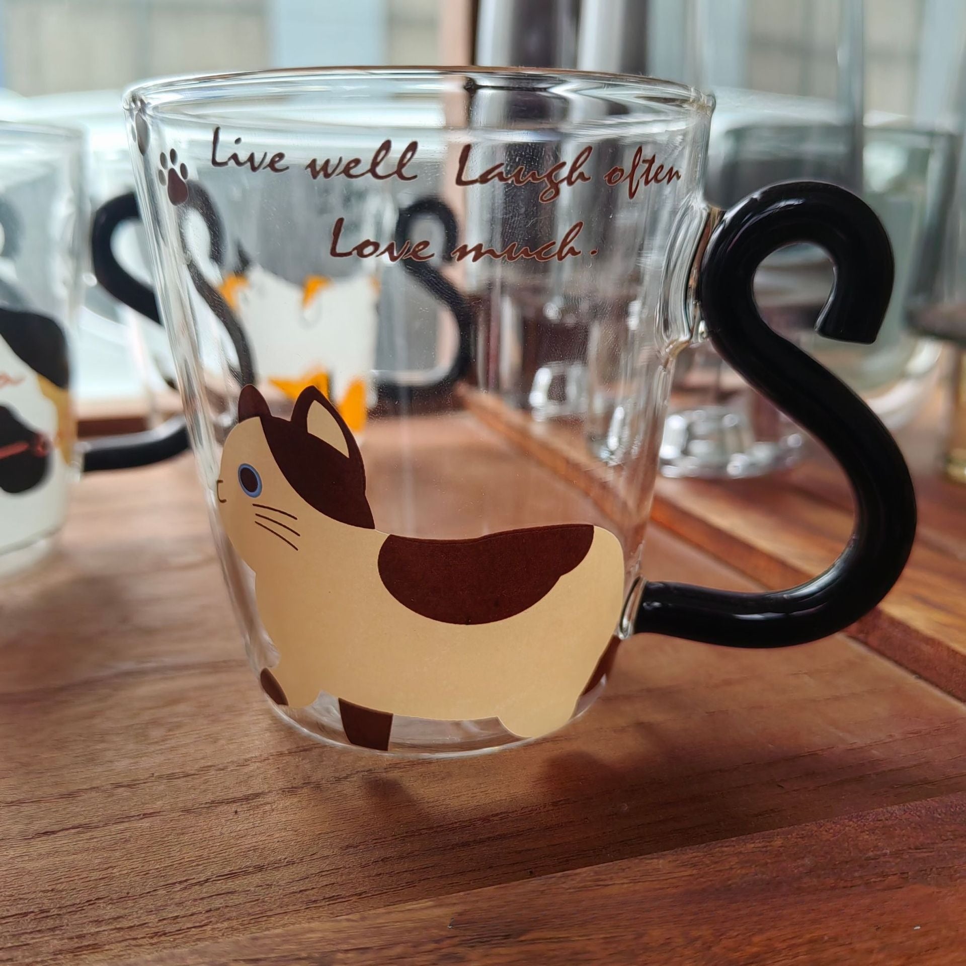 Cat Tail Handle Glass Cup – Cute Cat Illustration Drinking Glass 300ml - Lya's wedding