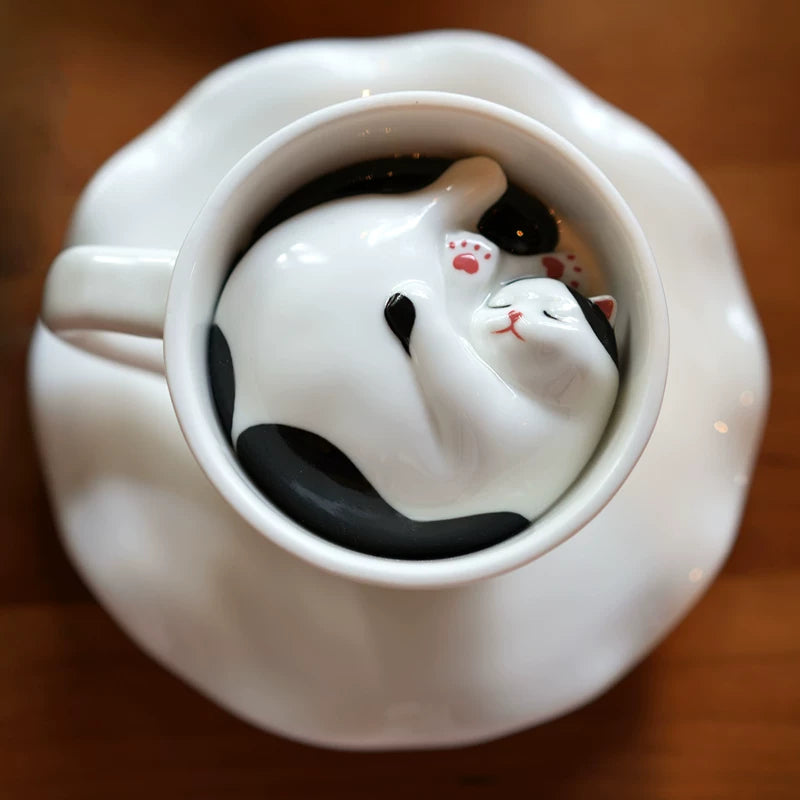 Sleeping Cat Ceramic Coffee Cup with Saucer