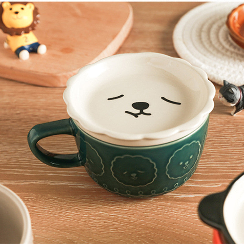 Animal Relief Ceramic Mug with Lid & Plate – Cute Design Coffee Cup - Lya's wedding