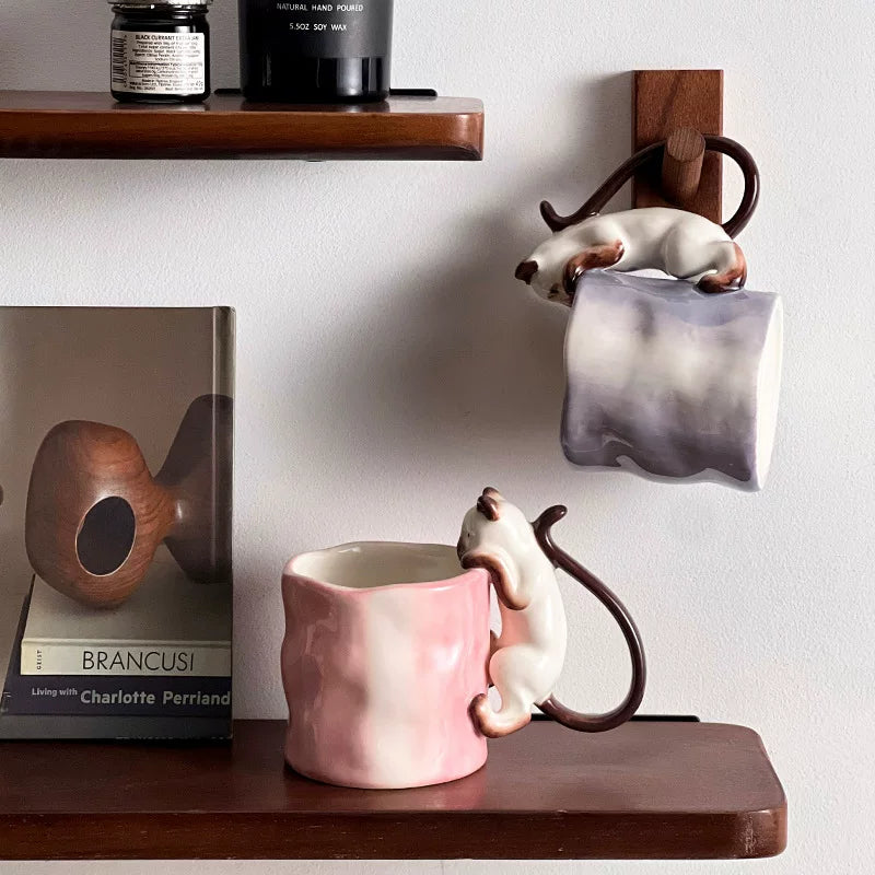 Cat Mug with Sculpted Cat Handle