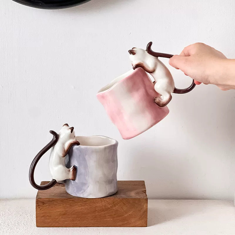 Cat Mug with Sculpted Cat Handle