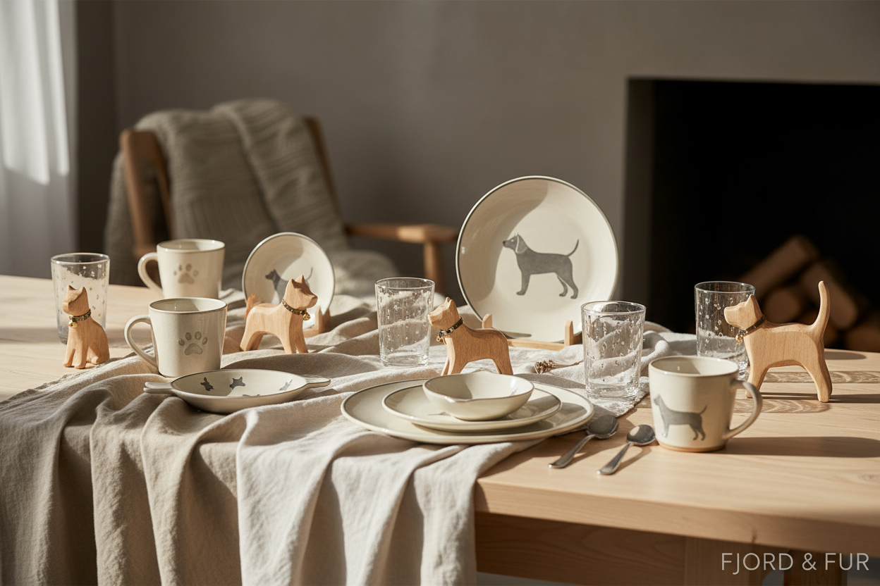 A wide 16:9 horizontal banner for a premium pet-themed home & gift brand.

A warm Nordic lifestyle scene featuring **ready-made pet-inspired tableware and decorative pieces**:
ceramic mugs, plates, small bowls, glassware, and charming pet figurines with subtle cat and dog elements.

Set on a light wooden table with soft linen fabric in beige and cream tones.
Natural daylight from the left, creating gentle, realistic shadows.
Background is minimal, softly textured, and slightly blurred, with a cozy home atmo